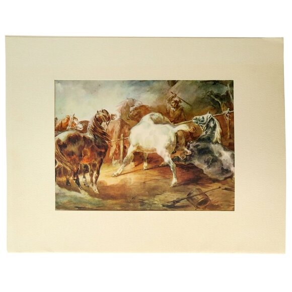 Fighting Horses Art Print by Théodore Géricault – 1960s Shorewood Lithograph